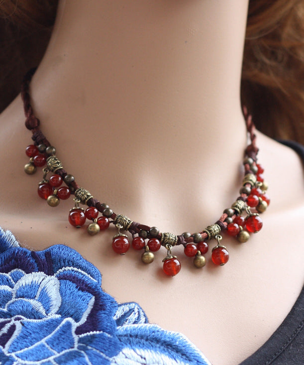 Vintage Red Alloy Agate Chalcedony Tassel Gratuated Bead Necklace
