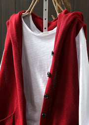 Vintage Red Button Knitted Cotton Thread Hoodie Waistcoat Fall