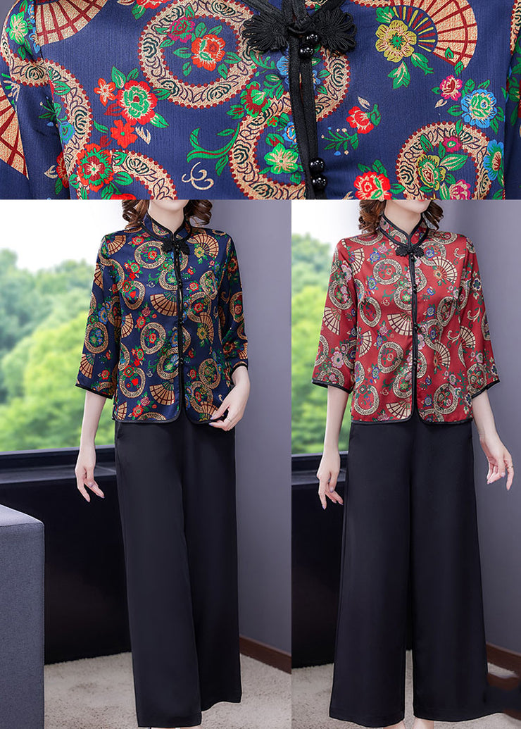 Vintage Red Button Stand Collar Print Silk Two Piece Set Women Clothing Summer