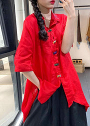 Vintage Red Chinese Button Low High Design Linen Shirt Tops Summer