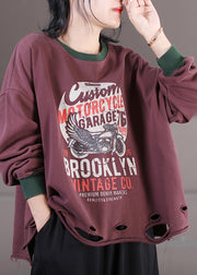 Vintage Red Chocolate Colour O-Neck Alphabet Print Cotton Sweatshirt Fall