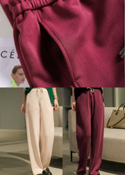 Vintage Red Elastic Waist Pockets Cotton Pants Fall