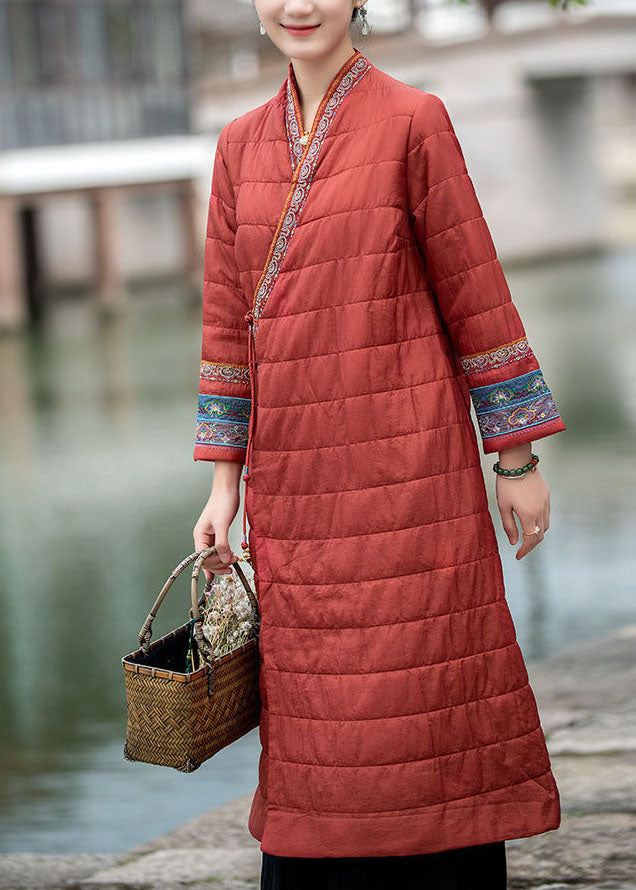 Vintage Red Embroidered Oriental Button Fine Cotton Filled Dress Winter