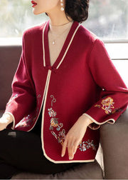 Vintage Red Embroidered Oriental Button Woolen Coats Long Sleeve