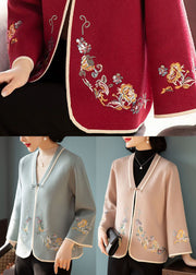 Vintage Red Embroidered Oriental Button Woolen Coats Long Sleeve