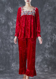 Vintage Red Embroidered Patchwork Silk Velour Women Two Piece Set Fall