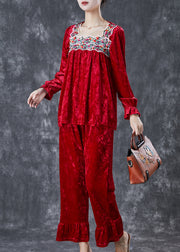 Vintage Red Embroidered Patchwork Silk Velour Women Two Piece Set Fall