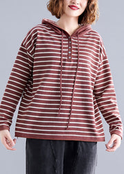 Vintage Red Hooded Striped Cotton Loose Sweatshirts Top Spring
