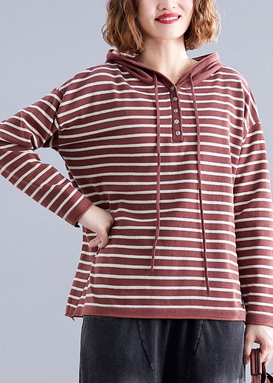 Vintage Red Hooded Striped Cotton Loose Sweatshirts Top Spring