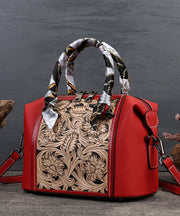 Vintage Red Jacquard Fine Calf Leather Tote Handbag