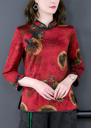 Vintage Red Mandarin Collar Chinese Button Print Silk Shirt Top Bracelet Sleeve