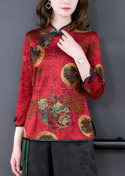 Vintage Red Mandarin Collar Chinese Button Print Silk Shirt Top Bracelet Sleeve