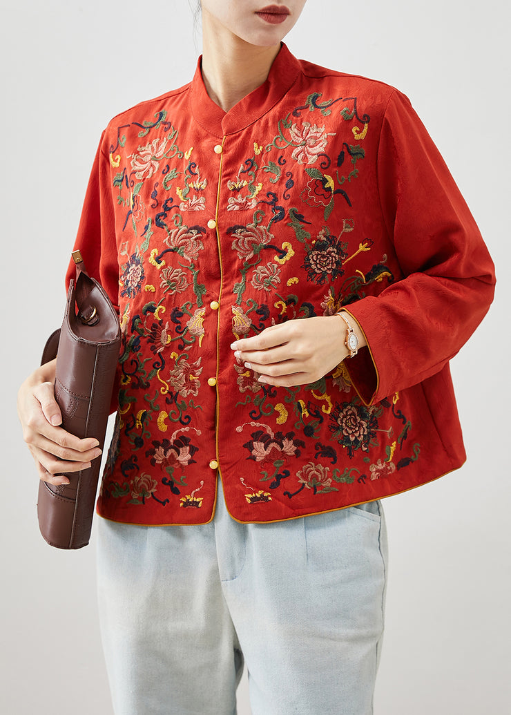 Vintage Red Mandarin Collar Embroidered Silk Shirt Top Fall