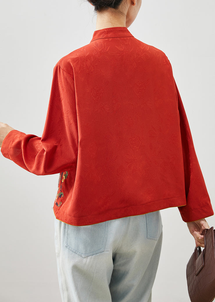 Vintage Red Mandarin Collar Embroidered Silk Shirt Top Fall