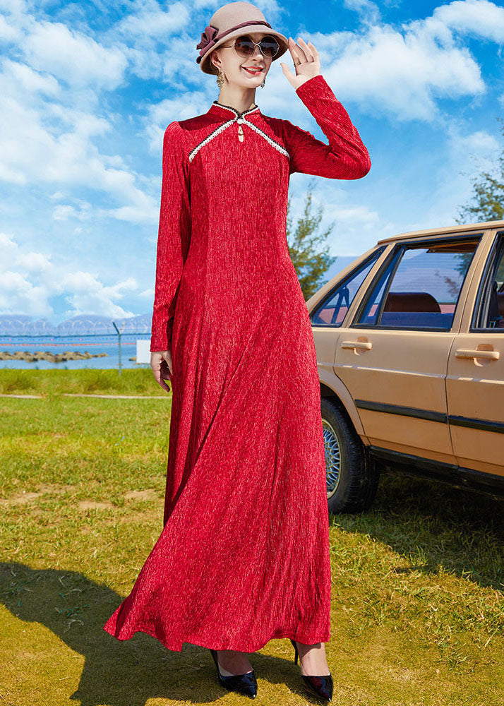 Vintage Red Mandarin Collar Exra Large Hem Holiday Dress Spring