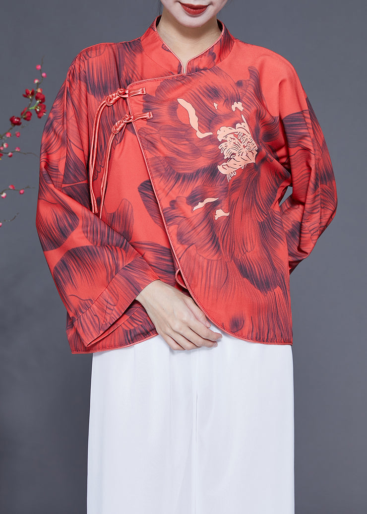 Vintage Red Mandarin Collar Print Chinese Button Silk Jacket Spring