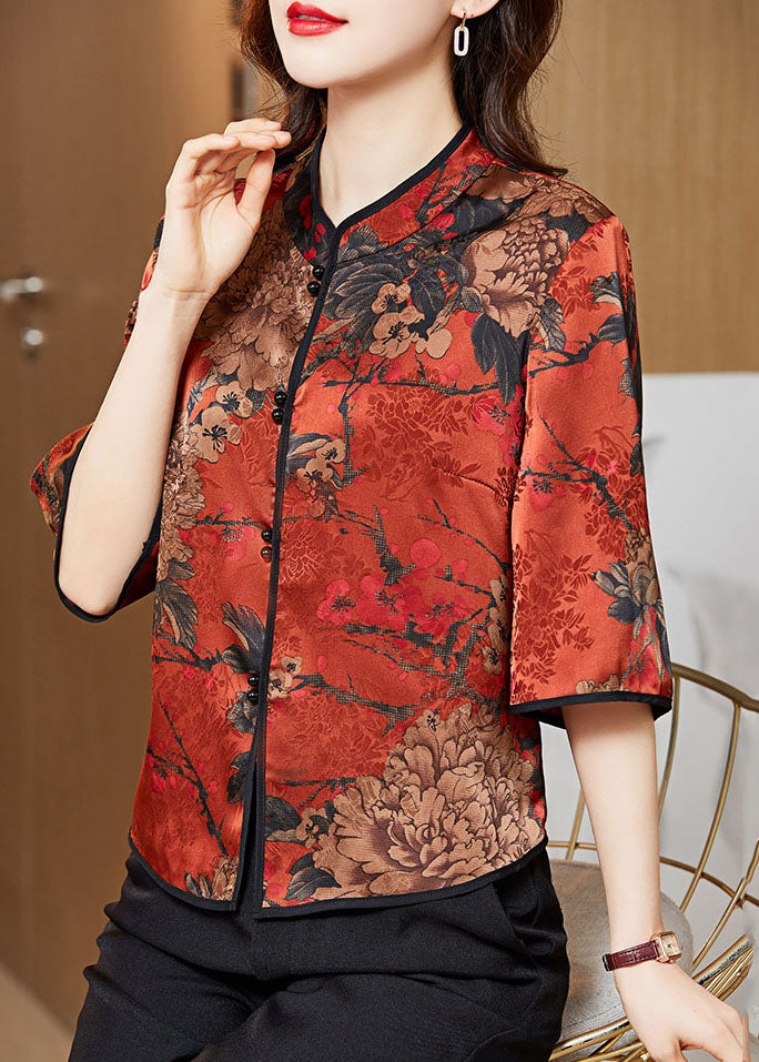 Vintage Red Mandarin Collar Print Silk Shirt Tops Half Sleeve