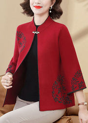Vintage Red Mandarin Collar Print Woolen Coats Bracelet Sleeve
