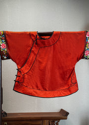 Vintage Red O-Neck Embroidered Floral Button Silk Top Short Sleeve