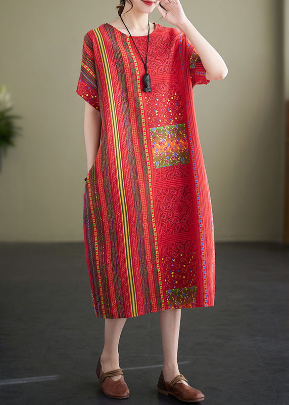 Vintage Red O Neck Print Patchwork Linen Mid Dresses Summer