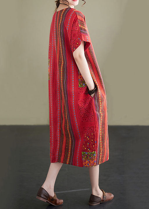 Vintage Red O Neck Print Patchwork Linen Mid Dresses Summer