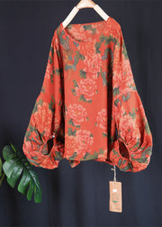 Vintage Red O Neck Print Patchwork Linen T Shirt Top Spring
