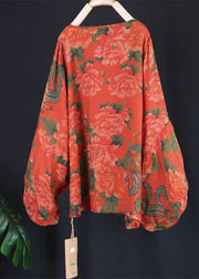 Vintage Red O Neck Print Patchwork Linen T Shirt Top Spring