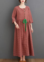 Vintage Red Oriental O-Neck Plaid Leinen Lange Kleider Ärmel mit drei Vierteln