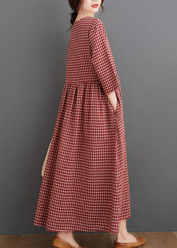 Vintage Red Oriental O-Neck Plaid Linen Long Dresses Three Quarter sleeve