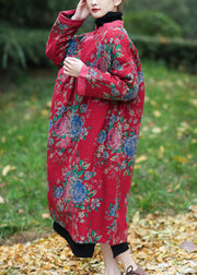 Vintage Red Oversized Print Fine Cotton Filled Maxi Dress Winter