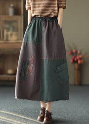 Vintage Red Patchwork Elastic Waist  Pockets Cotton Denim A Line Skirts Fall