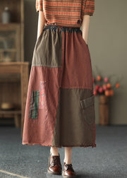 Vintage Red Patchwork Elastic Waist  Pockets Cotton Denim A Line Skirts Fall