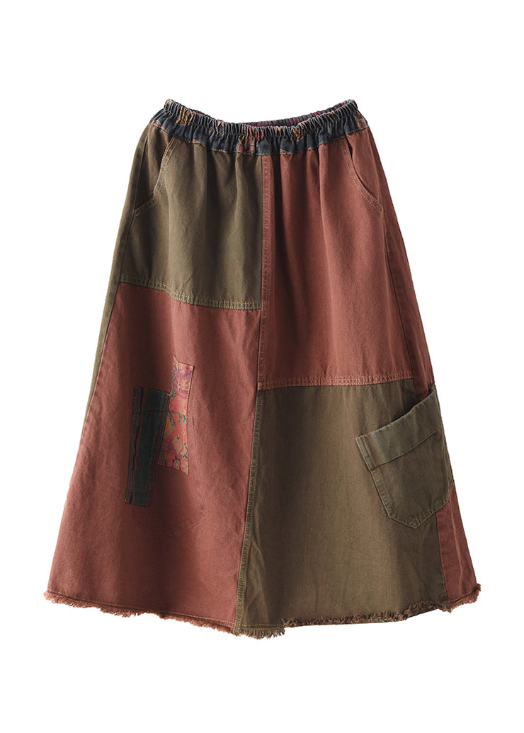 Vintage rot Patchwork elastische Taillentaschen Baumwolle Denim A-Linie Röcke Herbst