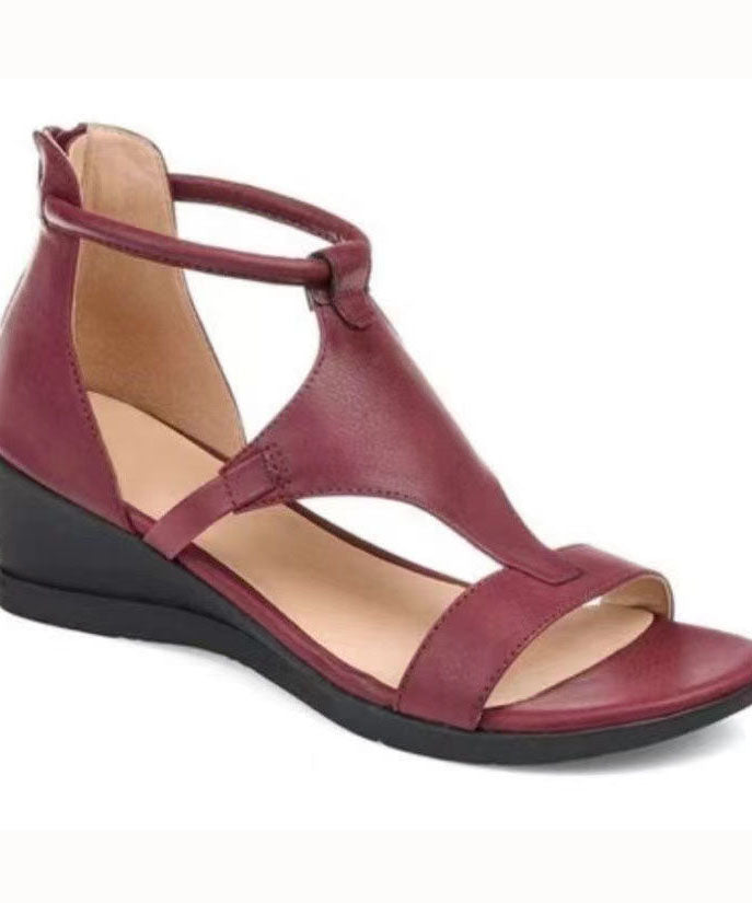 Vintage Red Peep Toe Zip Up Splicing Wedge Sandals