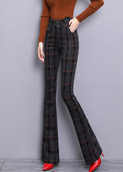 Vintage Red Plaid Button Zippered Woolen Bell Bottomed Trousers Spring