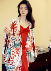 Vintage Red Print Cardigans And Slip Dress Two Pieces Set Fall