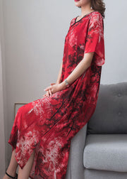 Vintage Red Print Chinese Button Patchwork Chiffon Long Dresses Summer