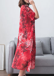 Vintage Red Print Chinese Button Patchwork Chiffon Long Dresses Summer