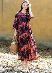Vintage Red Print Chinese Button Patchwork Linen Long Dresses Summer