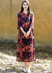 Vintage Red Print Chinese Button Patchwork Linen Long Dresses Summer