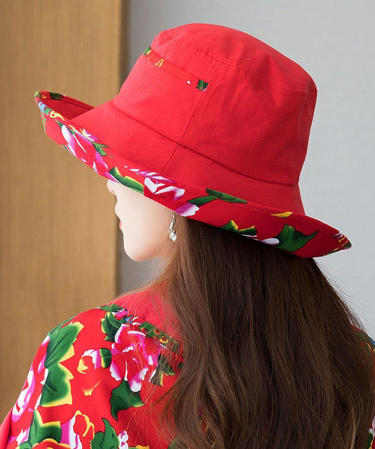 Vintage Red Print Linen Contton Floppy Sun Hat