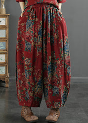 Vintage Red Print Pockets Elastic Waist Cotton Lantern Pants Fall