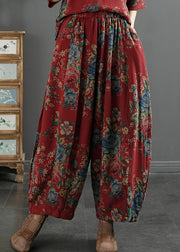 Vintage Red Print Pockets Elastic Waist Cotton Lantern Pants Fall
