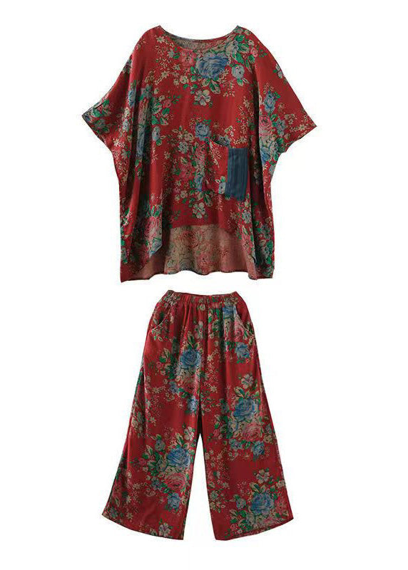 Vintage Red Print Pockets Patchwork Tops And Pants Cotton Two Pieces Set Summer