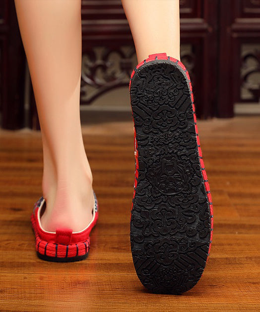 Vintage Red Slide Sandals Embroidered Cotton Fabric Splicing Slides