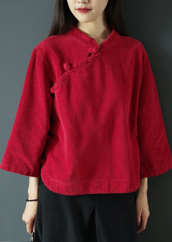 Vintage Red Stand Collar Button Corduroy Blouse Top Spring
