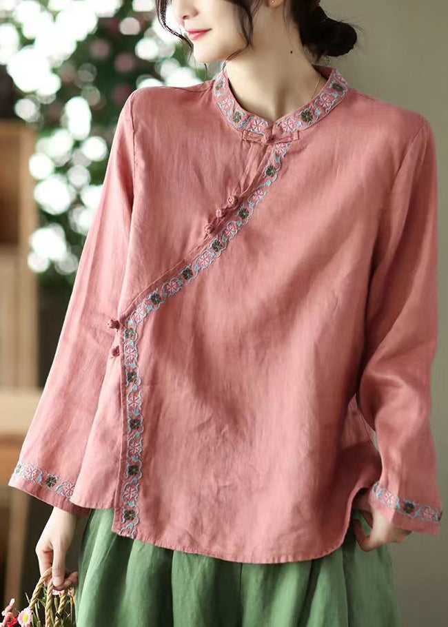 Vintage Red Stand Collar Embroidered Linen Shirt Top Long Sleeve