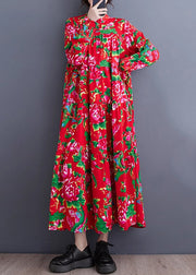 Vintage Red Stand Collar Patchwork Wrinkled Maxi Dresses Long Sleeve