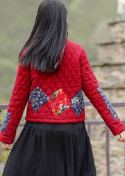 Vintage Red Stand Collar Pockets Patchwork Applique Fine Cotton Filled Coats Winter