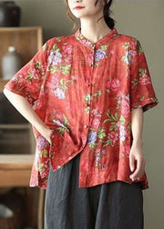 Vintage-rotes Stehkragen-Print-Baumwollhemd mit kurzen Ärmeln